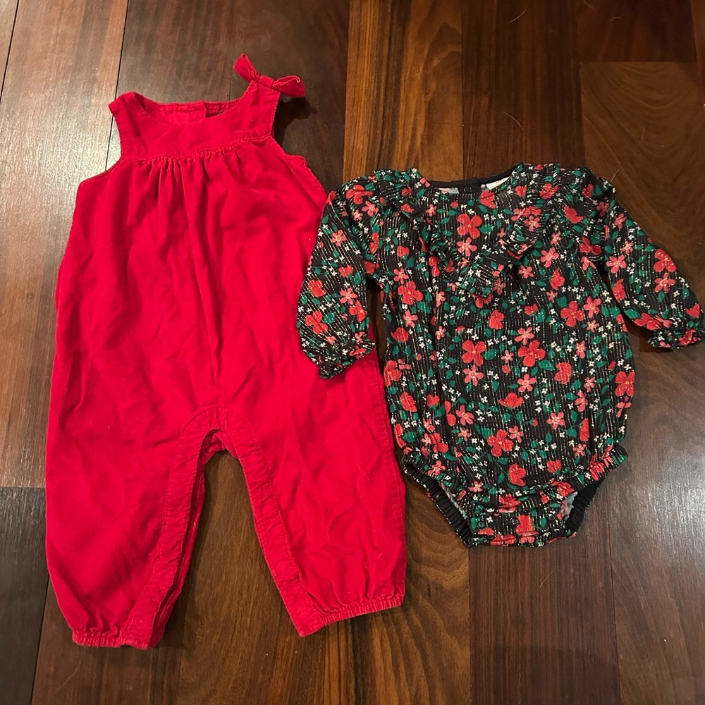 Baby GAP Red Corduroy Jumpsuit and Floral Romper Set Excellent Condition